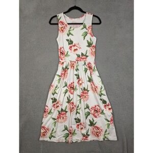 Reb & J. Midi Dress Sz S Pink White Floral Stretch Pleated Cottagecore Romantic